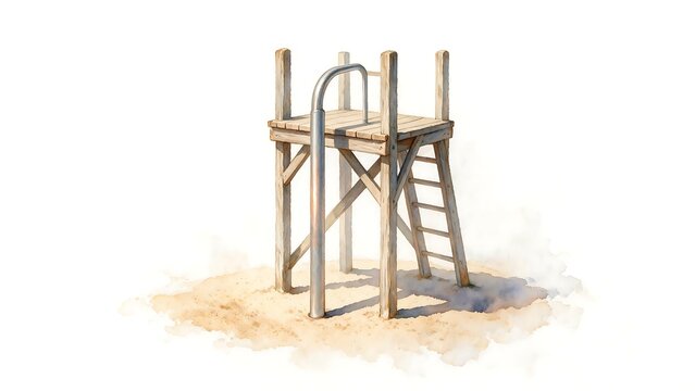 Fireman's pole attached to wooden platform standing alone quietly. Playground illustration concept