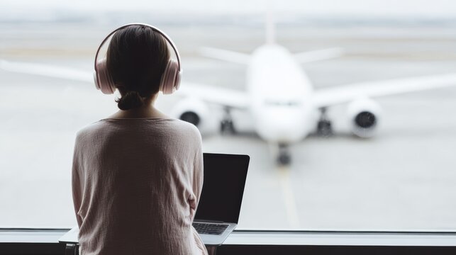 Woman with headphones at airport window observing airplane on rainy day