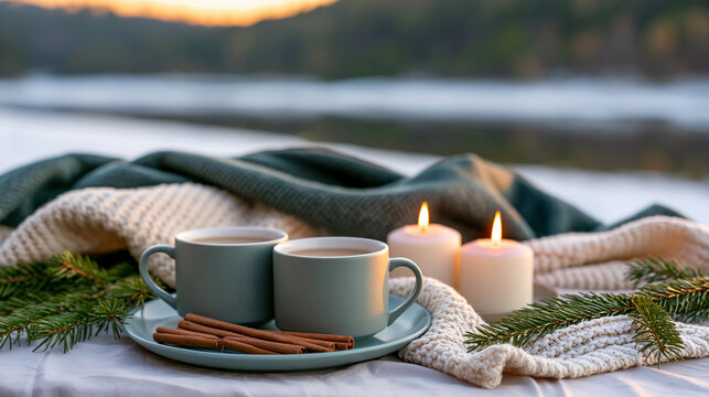 Cozy proposal-inspired winter setting with two warm beverages, candles, evergreen branches and snowy scenery, romantic celebration concept, with copy space
