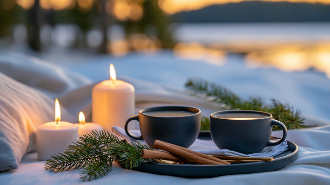 Cozy proposal-inspired winter setting with two warm beverages, candles, evergreen branches and snowy scenery, romantic celebration concept, with copy space