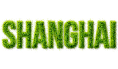 Shanghai word written in realistic green grass texture typography isolated on transparent background © Mahmud