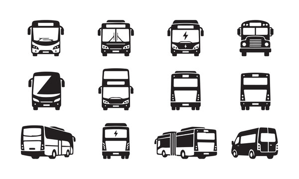 Vector illustrations of various bus models and transport vehicles from front view.