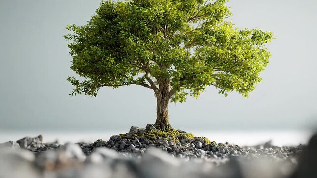 Solitary green tree growing on rocks with white background