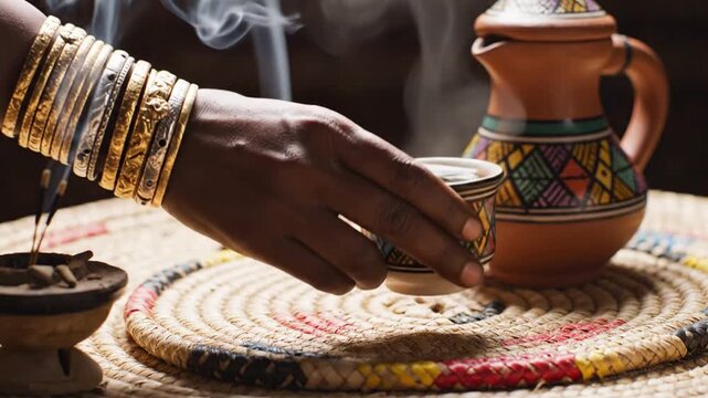 Hand reaching for steaming traditional coffee cup on mat