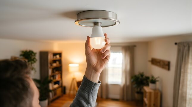 Man installing a glowing LED light bulb into a ceiling fixture at home