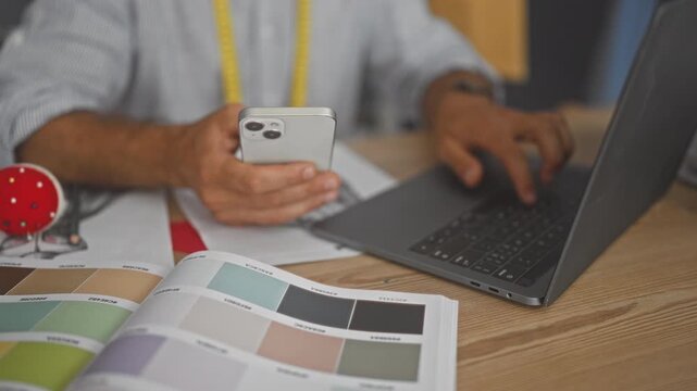 Man holds smartphone in right hand and types on laptop keyboard while reviewing color swatches at a design studio; focused creativity.