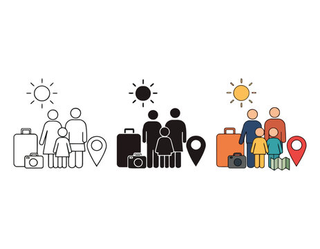 Family travel icons featuring parents with children standing beside luggage and map pointer.