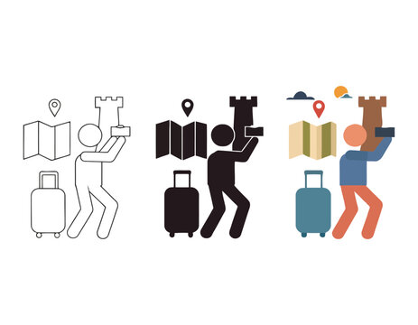 Tourist photographer near castle tower vector icon set for travel and sightseeing themes.