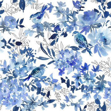 Watercolor Elegant Blue Seamless Pattern with Abstract Hand-Painted Peonies, Wildflowers, Birds, and Silver Botanical Line Art for Fabric, Wallpaper, Wedding Invitations, and Surface Design