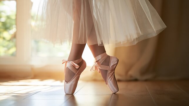 Close-up of ballet dancer's feet in pink pointe shoes with ribbon ties