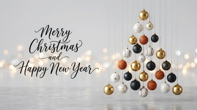 Merry Christmas and Happy New Year greeting, elegant holiday tree made of hanging ornaments, festive gold and black baubles on bokeh background