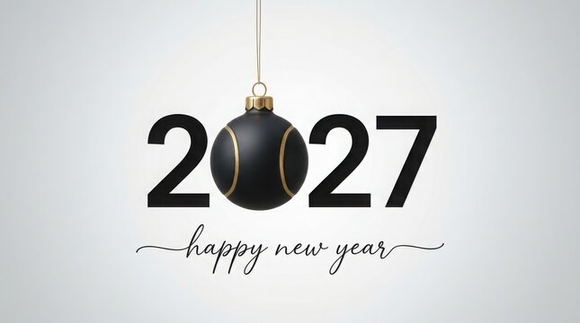 Happy New Year 2027 greeting card, elegant black Christmas bauble with gold details, minimalist holiday celebration banner
