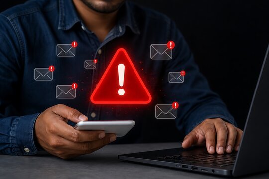 Person using phone and laptop with warning triangle and email icons floating above