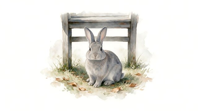 Gray rabbit sitting quietly beneath low garden bench legs. Wildlife illustration concept