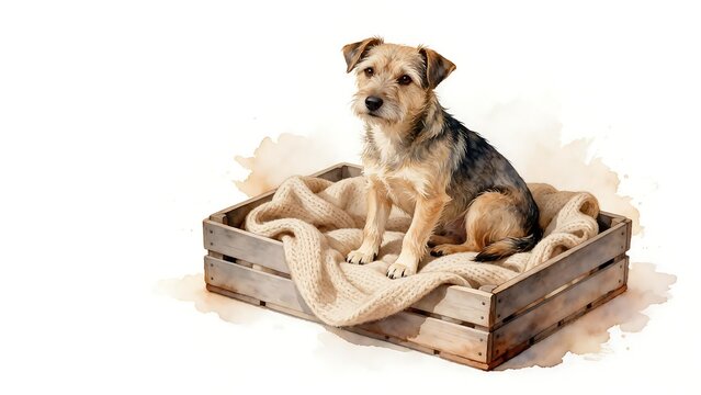 Terrier dog sitting inside wooden crate lined blanket. Pet illustration concept