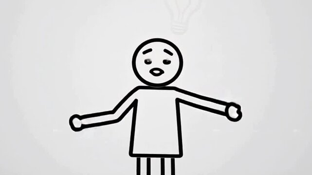 Clean minimalist stick figure animation of innovation moment, idea generation, white background, flat vector style