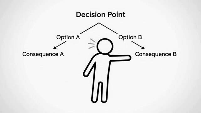 Clean minimalist stick figure animation of logical decision making, centered frame