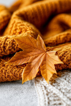 Single golden maple leaf resting on a textured orange and white knitted blanket.
