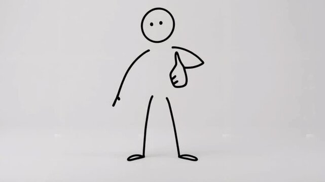Clean minimalist stick figure animation of positive outcome reaction, centered on white