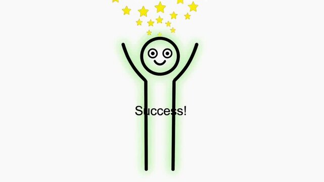 Clean minimalist stick figure animation of positive outcome reaction, centered on white