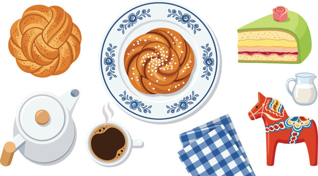 Swedish Fika Coffee Break Vector Set with Cinnamon Bun, Princess Cake, Teapot, Dala Horse, and Plaid Napkin