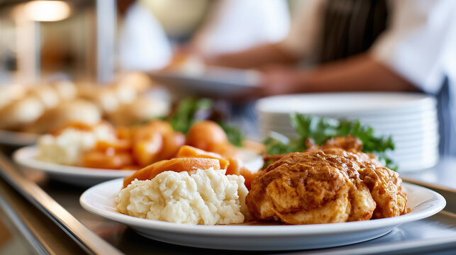Freshly prepared plate of chicken, mashed potatoes, and carrots served on a cafeteria counter.