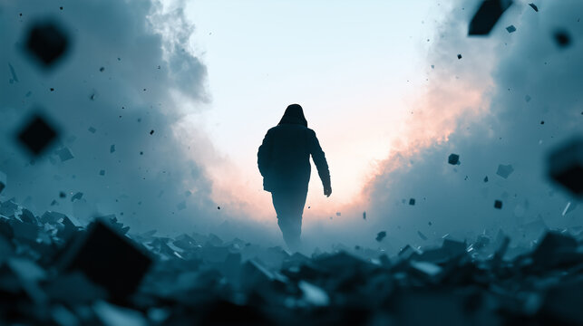Silhouette of a mysterious hooded figure walking through a foggy, debris-filled apocalyptic landscape.