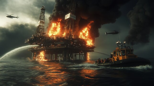 burning oil platform with rescue operations.
Dramatic Oil Rig Fire at Sea with Thick Smoke, Helicopters and Rescue Boats Responding to Industrial Disaster.