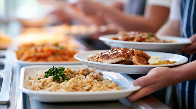 Hands holding a plate of fresh hot chicken and risotto in a modern school cafeteria lunch line.