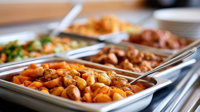 Warm stainless steel food warmers filled with freshly cooked vegetables and meat dishes in a cafeteria line.
