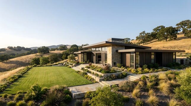 Modern Hillside House Surrounded by Golden Rolling Hills and Oaks