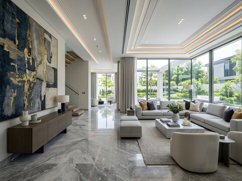Sophisticated Living Room Interior with Marble Floors and Garden Views