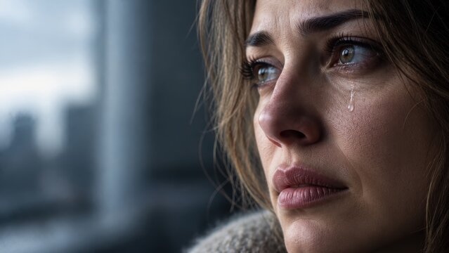 Sad young woman with a tear on her face looking out a window on a rainy day