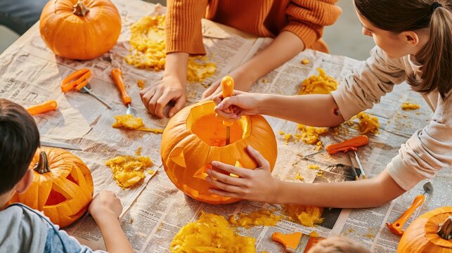 Family carving pumpkins together for Halloween, creating spooky jack-o'-lanterns