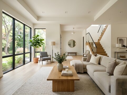 Bright Contemporary Living Room with Wood Staircase and Garden View