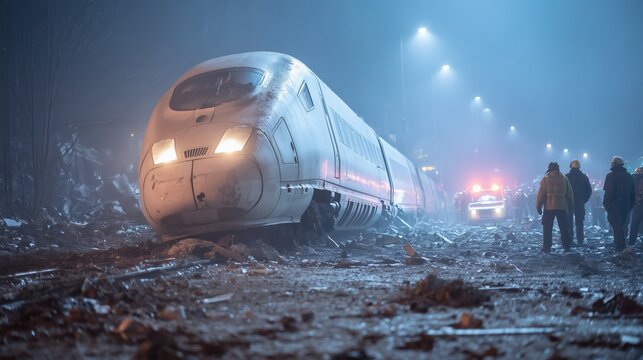 Train derailment at night. The damaged train is among the wreckage, flashing lights, rescuers and equipment are working on the spot.