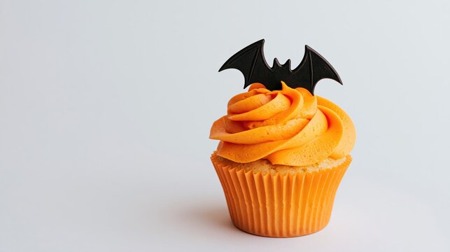 Orange buttercream swirl cupcake with a small bat cutout on top