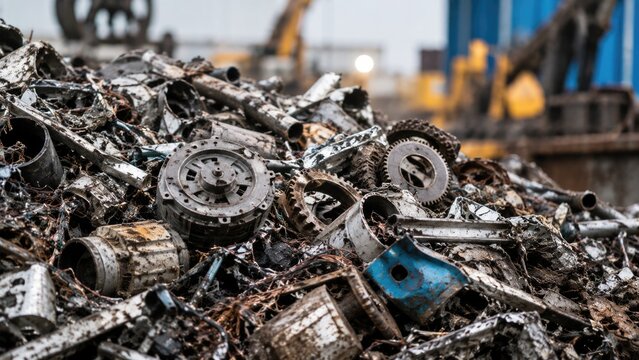 Pile of Industrial Scrap Metal and Machinery Parts at Recycling Facility