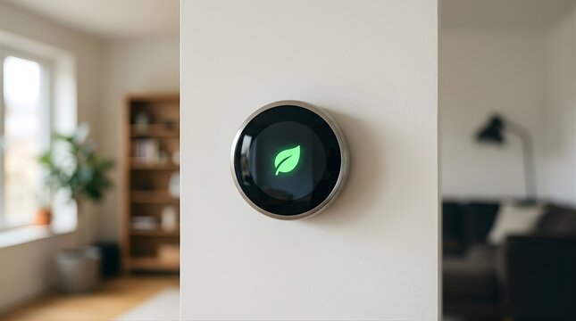 Smart thermostat with green leaf icon on wall for energy saving at home