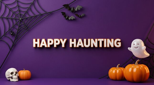 Happy haunting halloween decoration with pumpkins ghost and spiderweb background.