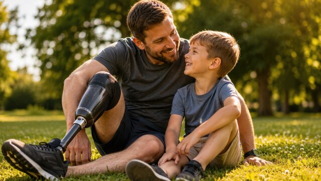 Happy Father with Prosthetic Leg Spending Quality Time with Young Son in Sunny Park
