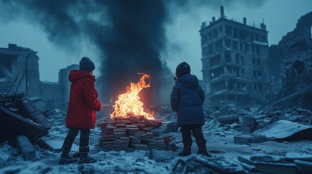 Two children standing next to burning books in the snow-covered ruins destroyed by war represent survival, cultural loss and post-apocalyptic difficulties.