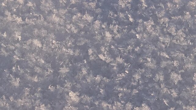 Texture of fresh loose snow in sunlight close-up. View of clean snow surface, texture of white snow, winter abstract background, snowy surface with natural crystal structure. Winter