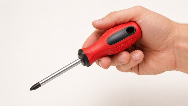 Close Up of Hand Holding Red Phillips Screwdriver Isolated on Clean White Background