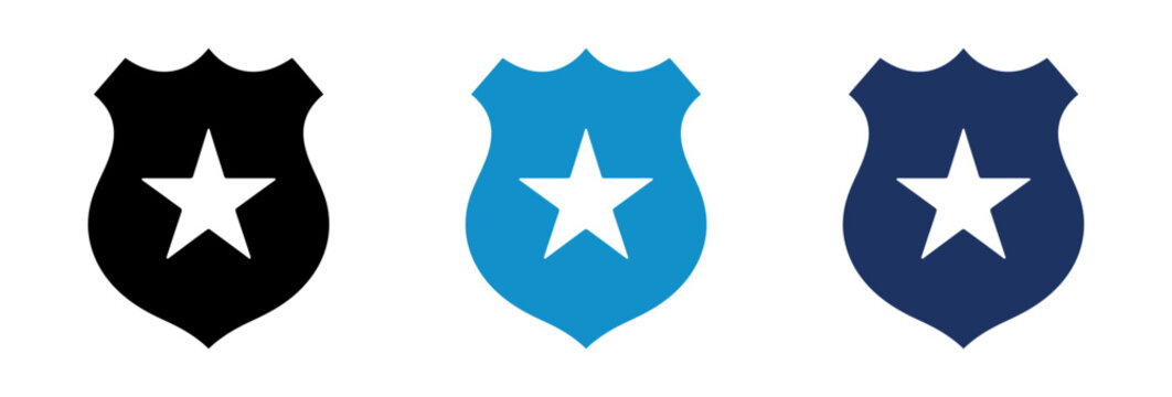 Police badge icons set with star symbol in black and blue colors.