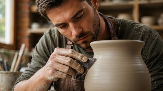 Male Potter Carefully Shaping and Finishing Handmade Ceramic Vase in Workshop
