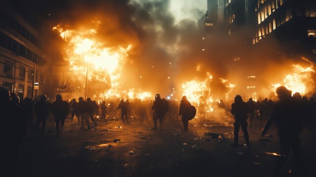 The urban riots are in flames and chaos.
A crowd of protesters and armored police officers against the backdrop of burning buildings. Urban clashes, crisis and violence in the streets.