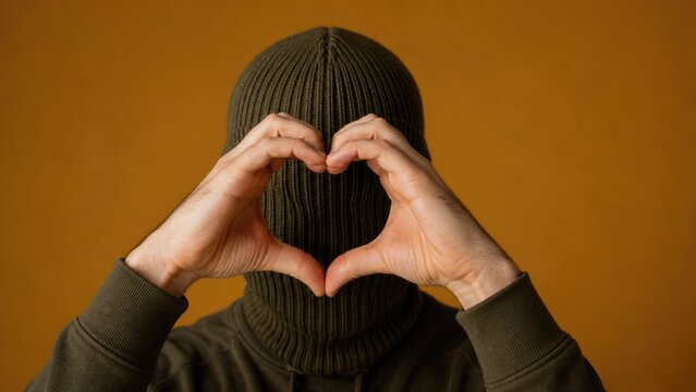Anonymous Person in Balaclava Making Heart Shape Gesture with Hands