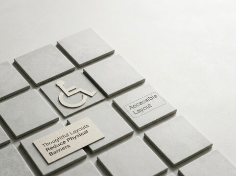 Minimalist grid of gray tactile squares featuring a wheelchair accessibility icon, engraved 'Accessible Layout' text, and signage about reducing physical barriers in design.