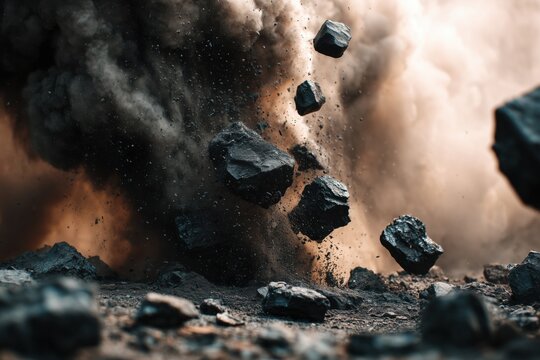 An explosion of dark stones, clouds of ash and flying fragments